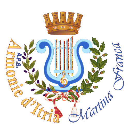 Logo di Armonie d'Itria APS: la lira con la corona, tra rami d'ulivo e di quercia